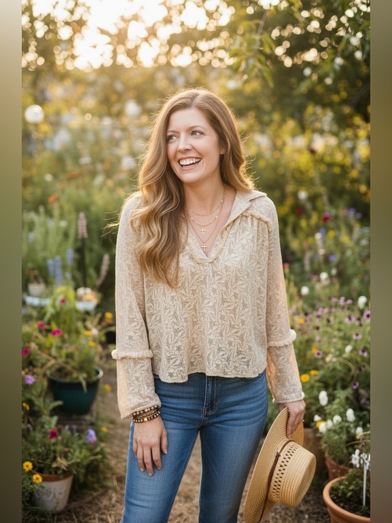 Solitaire Tops - Solitaire Beige Textured Women's Blouse